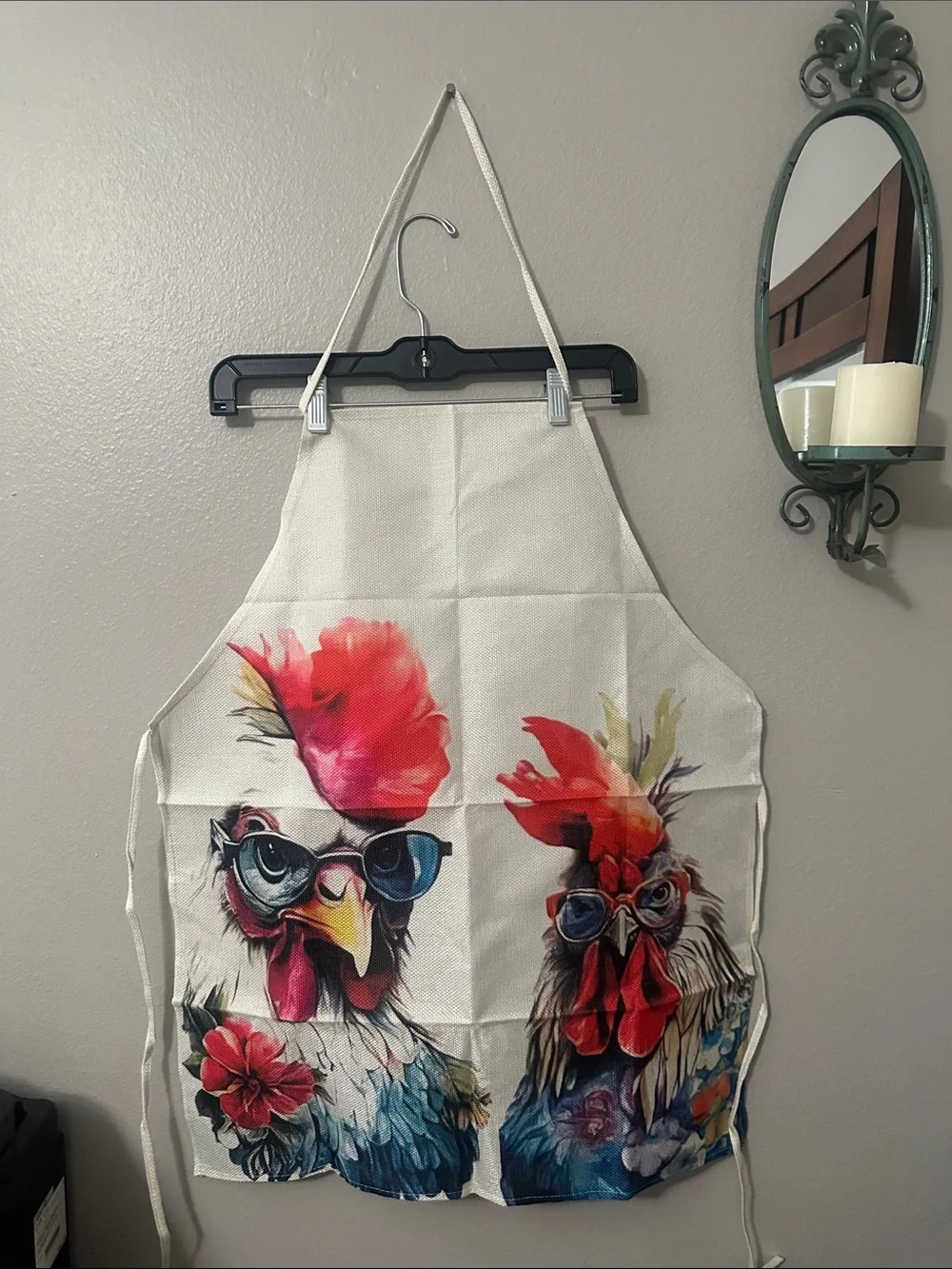 Colorful Rooster Apron with Sunglasses Print and a ceramic rooster. NWT